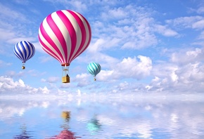 Air-Balloons, water reflexion, голубое, небо, воздушные, шары, вода, отражение, 3D моделирования