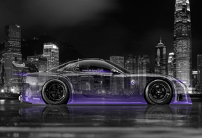 Tony Kokhan, Mazda, RX7, VeilSide, Tuning, BodyKit, Violet, Neon, JDM, Style, Night, City, Side, el Tony Cars, Photoshop, 4K, Wallpapers,  , , , , 7,   , ,  ,  , , , , 