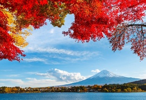 Природа, Япония, Фудзияма, озеро, горы, город, осень, красиво