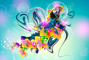 Tony Kokhan, Parrot, Flowers, Fantasy, Multicolors, Neon, Plastic, Fly, Bir ...