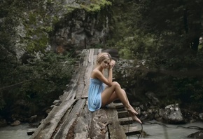 legs, girl, blonde, tree, water, river