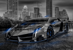 Tony Kokhan, Lamborghini, Veneno, Crystal, City, Car, Blue, Neon, Colors, N ...