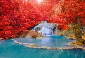 природа, осень, лес, река, водопад, каскады, красиво, вода, свет, солнца