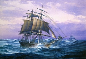 картина, живопись, корабли, парусник, море, красиво, шторм