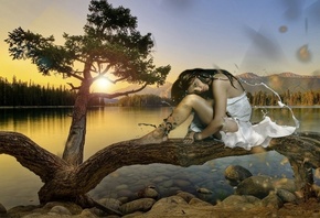 lonely, woman, girl, lake, water, turtle, tree