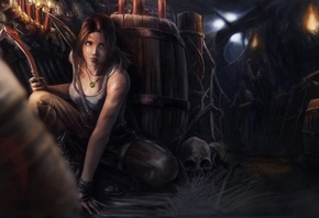 Tomb Raider, Лара Крофт, расхитительница гробниц, череп, бочки, бандиты, ледоруб, факел