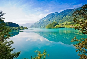 mountain, view, lake, trees, colors