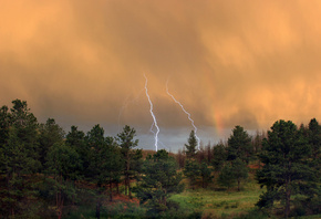 light, storm, mountain, rain, clouds, sky, trees