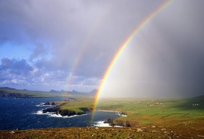 rainbow, moutain, water, ocean, grass, sky