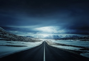 iceland, road, mountain, clouds, sky
