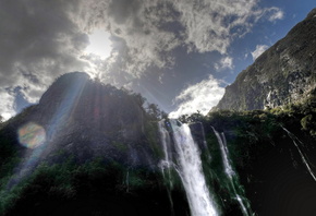 Новая Зеландия, водопад, скалы, небо, красота