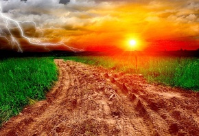 sunset, light, fields, grass, tree, sky, clouds, ray, lighting