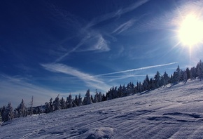 winter, mountain, snow, trees, road, sun, sky, blue