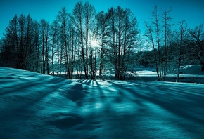 winter, mountain, snow, trees, road, sun, sky, blue