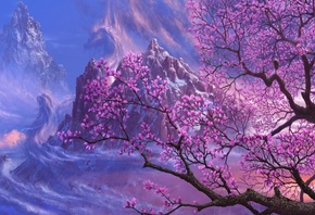 magnolia, tree, colors, mountain, sky