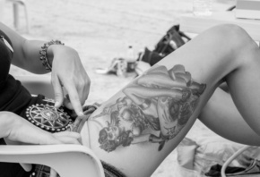 tattoo, black and white, female, legs