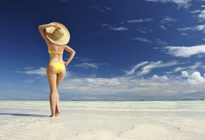 beach, ocean, water, girl, hat, sky, swimsuit