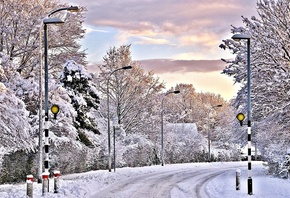 winter, mountain, snow, trees, road, sun, sky, blue