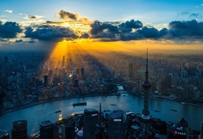 shangai, china, river, light, building