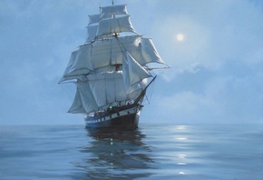 картина, парусник, корабль, море, вечер, луна, красиво