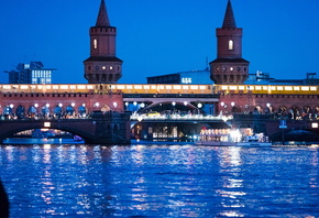 Германия, мост, река, огни, освещение, вечер, набережная, красота, города м ...