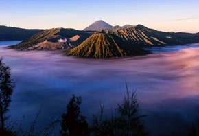 volcano, fog, mountain, sky