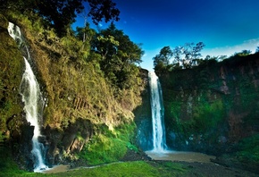 waterfalls, water, mountain, gras, forest