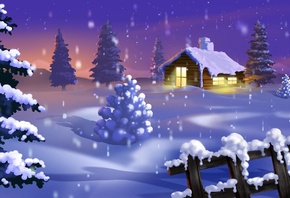 winter, trees, snow, path, mountain, moon, cabin