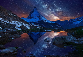 mountain, night, stars, lake, blue, sky