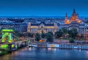 city, nihgt, light, river, builging