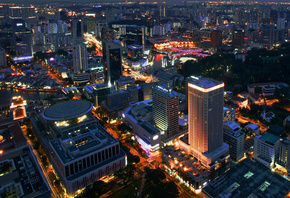 city, nihgt, light, river, builging