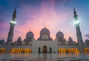 Grand mosque, abu dhabi, Абу-Даби, мечеть, минарет, небо, свет, площадь