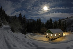 road, autumn, trees, forest, leaves, moon, cottage