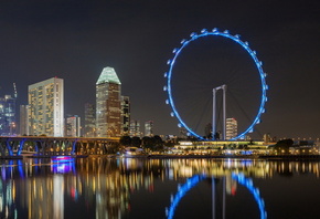 Сингапур, город, огни, освещения, здания, красота, колесо, ночь, мост