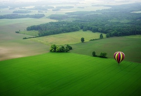 balloon, green, fly, tree, fields, sky