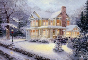 thomas kinkade, зима, природа, дом, картина, позитив, крас иво, снеговик, е ...