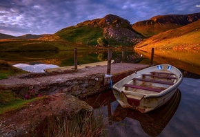 sunset, boat, lake, tree, water