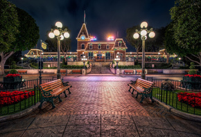 city, light, night, bench
