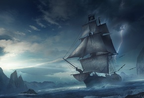 арт, корабль, парусник, темный фон, фэнтези, пираты, горы, залив, молния, к ...