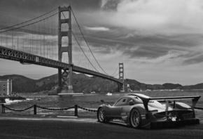pagani, zonda r, sea, Golden Gate Bridge, San Francisco, пагани, зонда, набережная, мост золотые ворота, небо, Сан Франциско, чёрно-белое фото