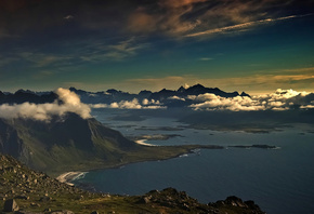 ocean, boat, sunset, sky, village, clouds