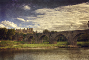 bridge, road, mountain, river, city