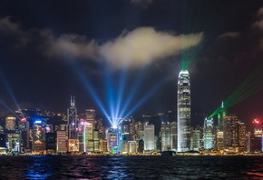 Китай, Гонконг, город, огни, освещение, небоскребы, красота, небо, облака,  ...