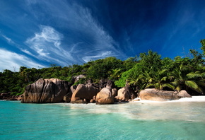 Сейшельские острова, берег, пляж, океан, небо, камни, деревья, курорт, крас ...