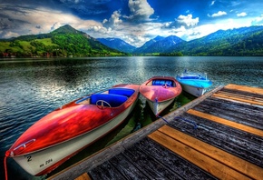 природа, Швейцария, тема, лодки, рыбалка, озеро, горы, Альпы, красиво