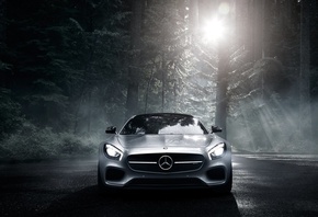 Mercedes Benz, Мерседес Бенц, суперкар, дорога, лес, дождь, фонарь, темный  ...