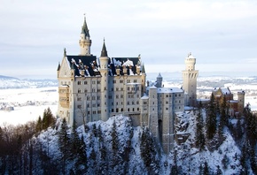 замок, природа, Германия, neuschwanstein, зима, горы, скалы, красиво