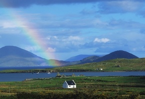rainbow, house, fields, grass, green, sky