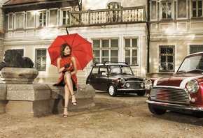 авто, машина, девушка, женщина, платье, зонт, ноги, ножки, красотка, взгляд ...