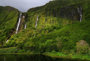 mountain, waterfall, tree, water, green